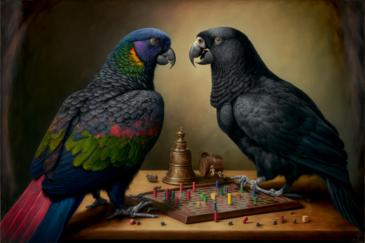 A parrot and a raven play a board game