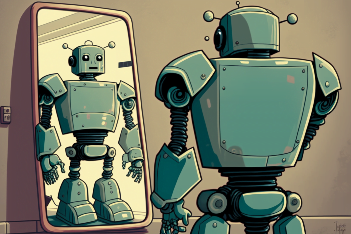 A robot stands in front of a mirror and looks at itself, comic style.