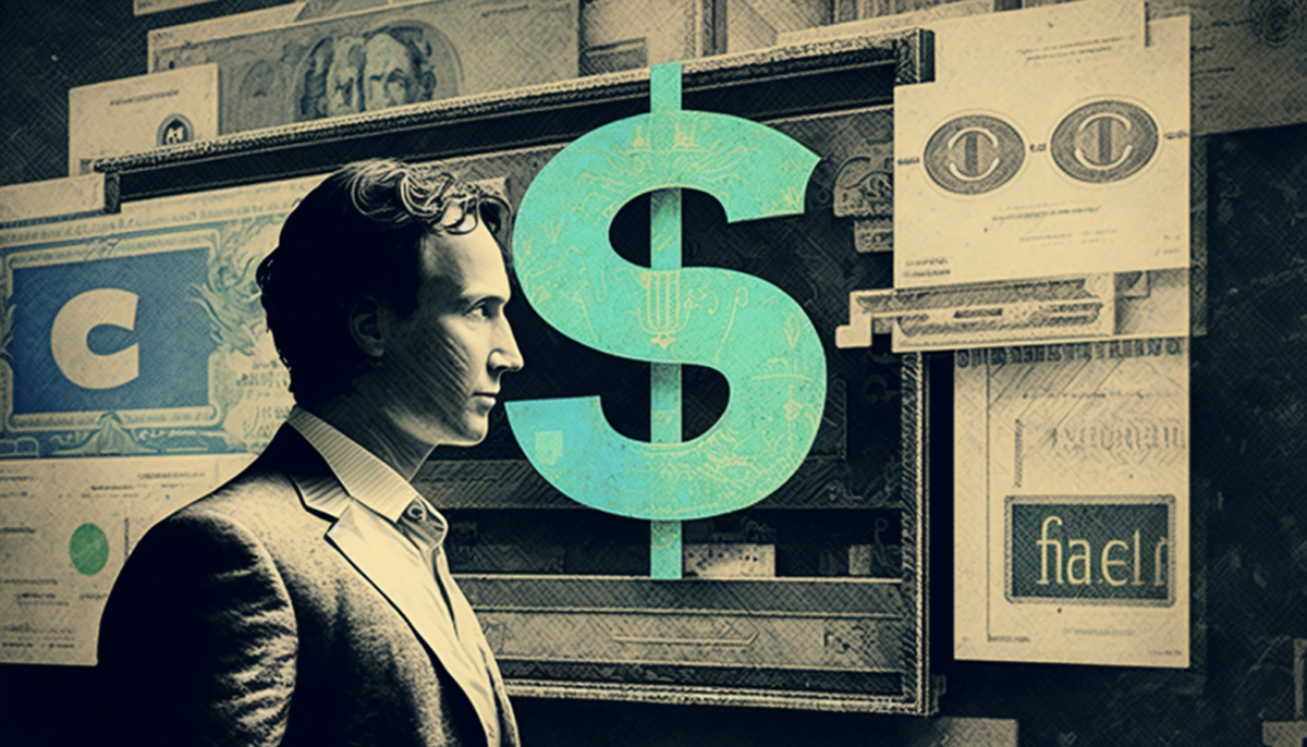 A man and a dollar sign in front of banknotes in the background.