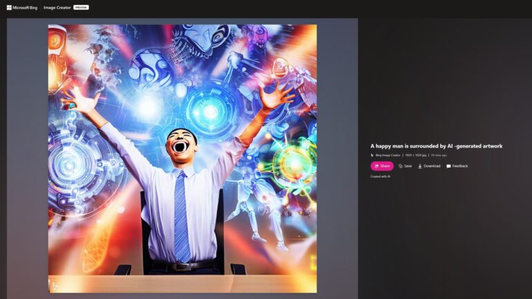 Bing Image Creator made this image of a happy man surrounded by AI art.