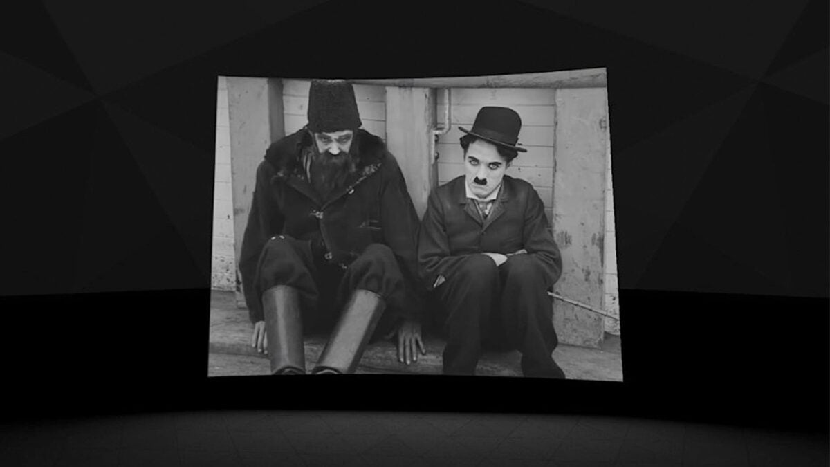 A virtual screen in Youtube VR showing a scene from Chaplin's "The Immigrant."