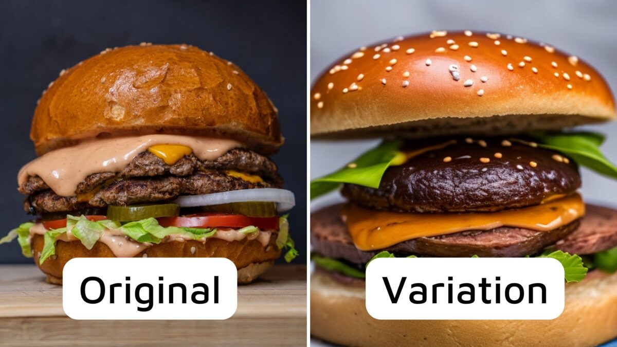 On the left is a photo of a burger, on the right is the variant generated by Stable Diffusion Reimagine based on it.