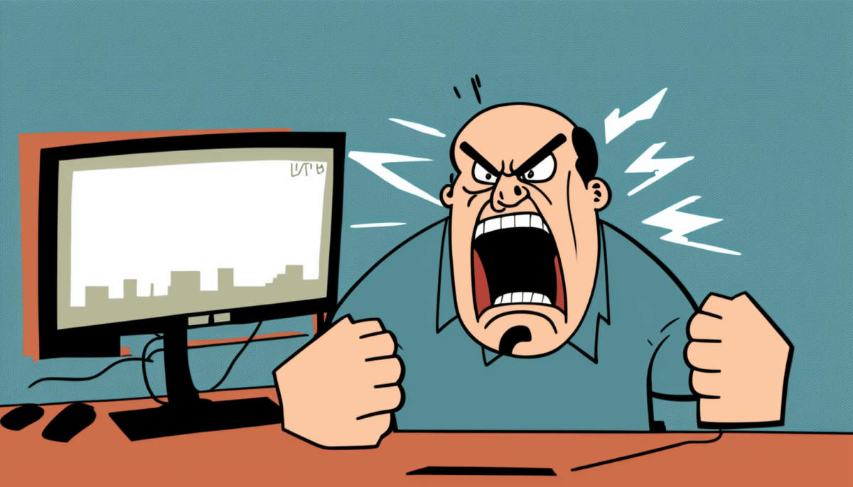 An angry customer sits in front of his PC ranting, comic drawing
