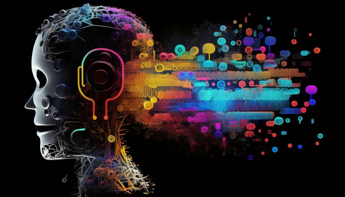 The silhouette of a robot head on the left, colorful visualized data flowing out of its head on the right.