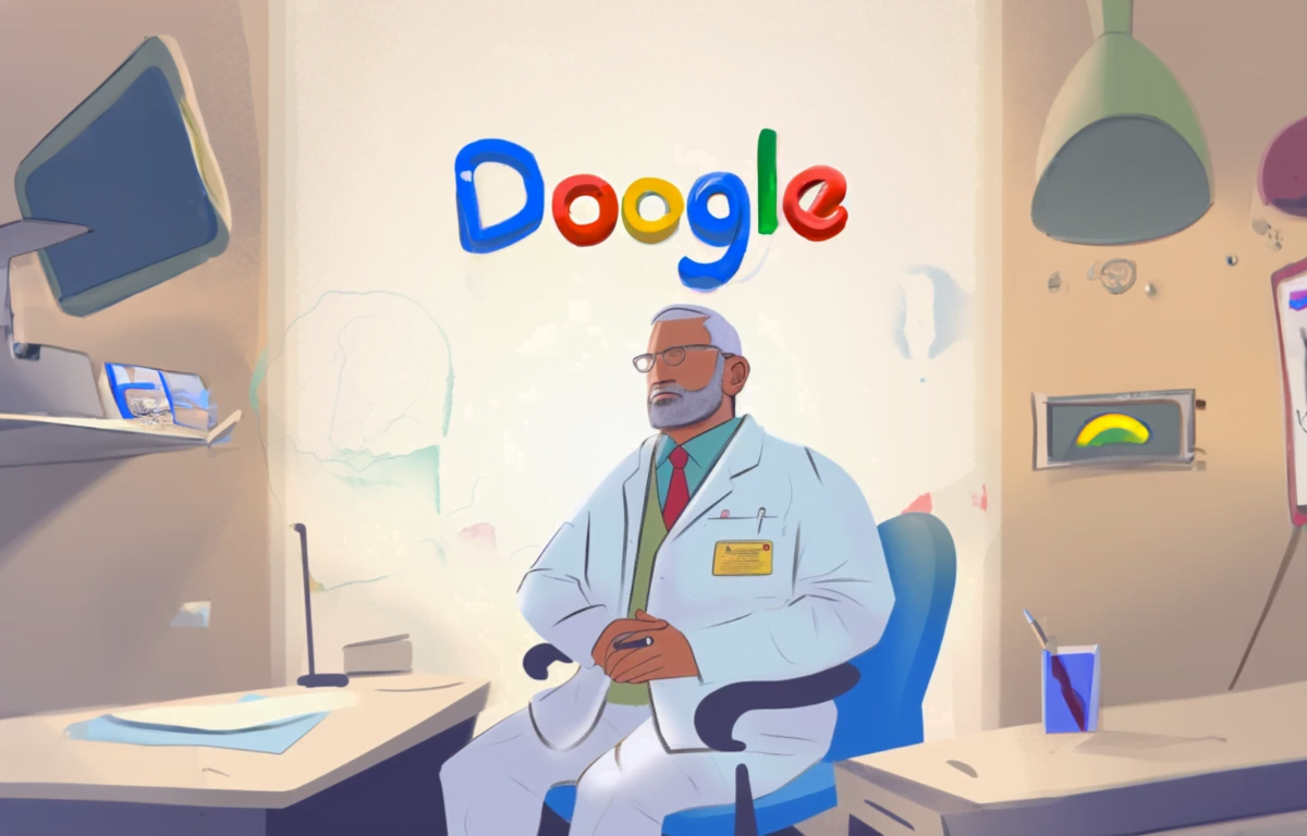Comic of a doctor sitting waiting in an office, large above him the lettering "DOOGLE" in Google logo colors, an allusion to Dr. Google.