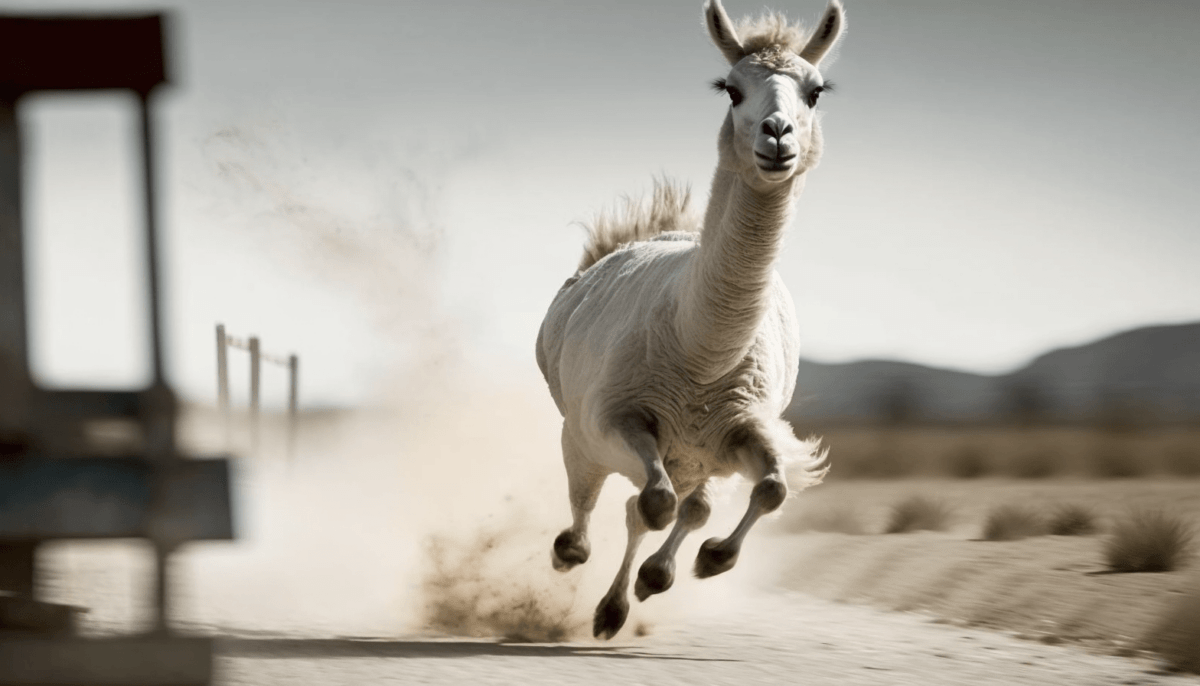A white llama runs to freedom on a dusty road.