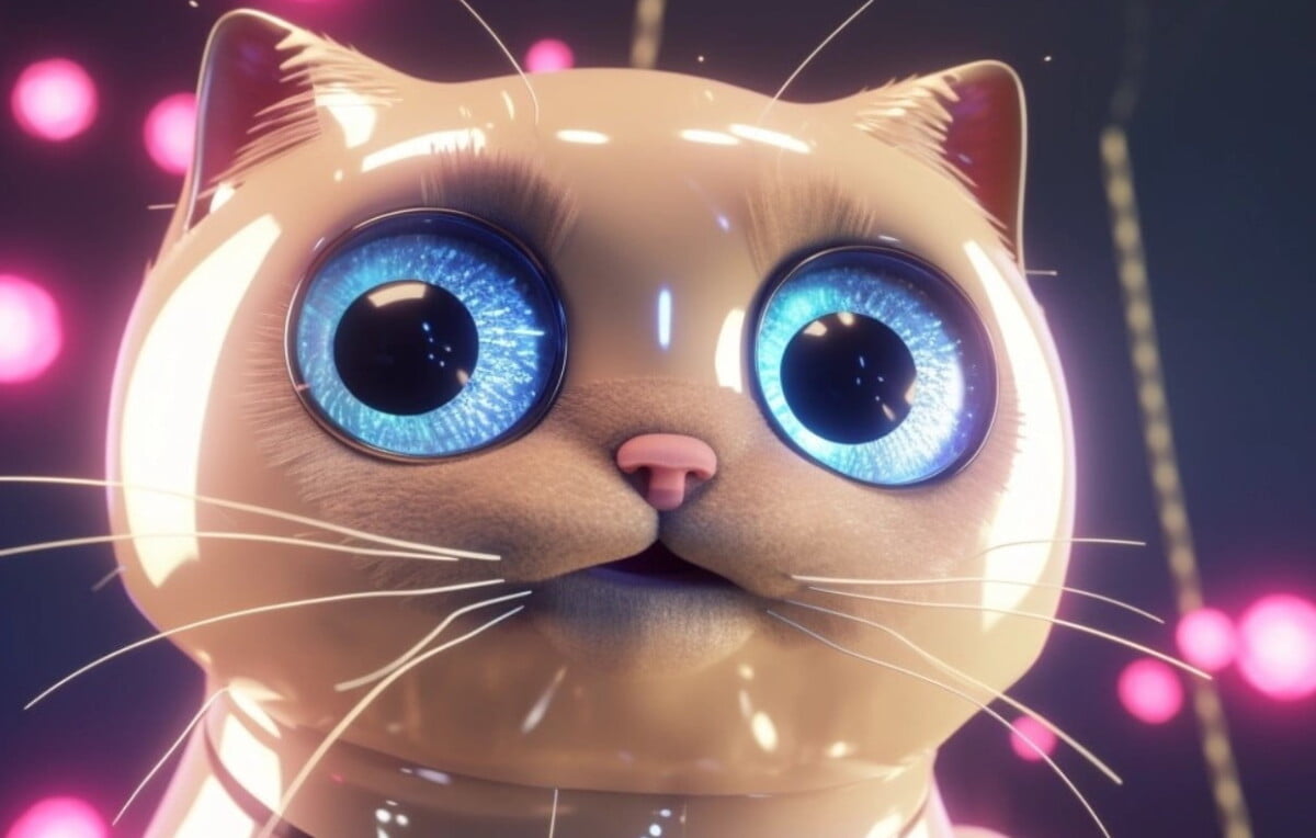 An AI-generated cat made of porcelain looks into the camera with wide-open blue eyes. The image looks photorealistic. It is generated with Midjourney v5.