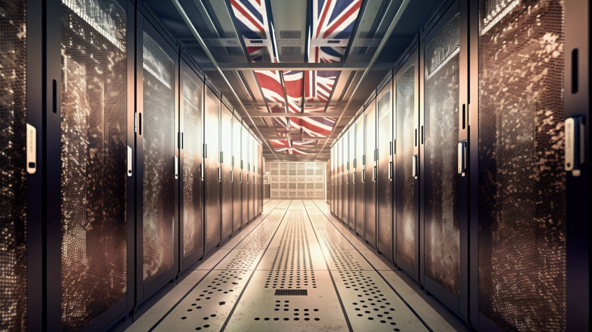 An AI supercomputer in a hallway, the UK flag reflected on the ceiling, AI art generated with midjourney