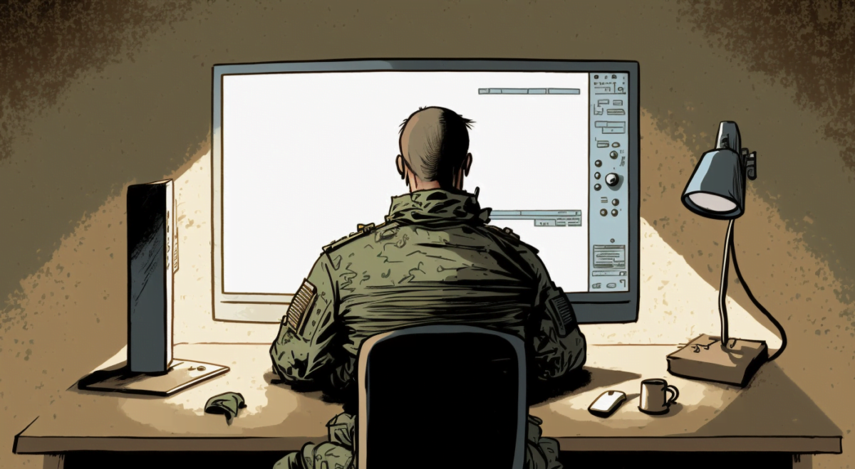 A soldier sits at a desk with his back to the camera in uniform and looks at a monitor.