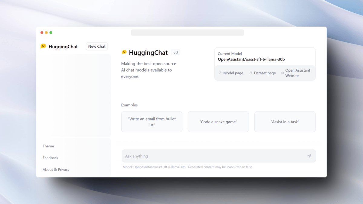 Screenshot of HugginChat, an open source alternative to ChatGPT.