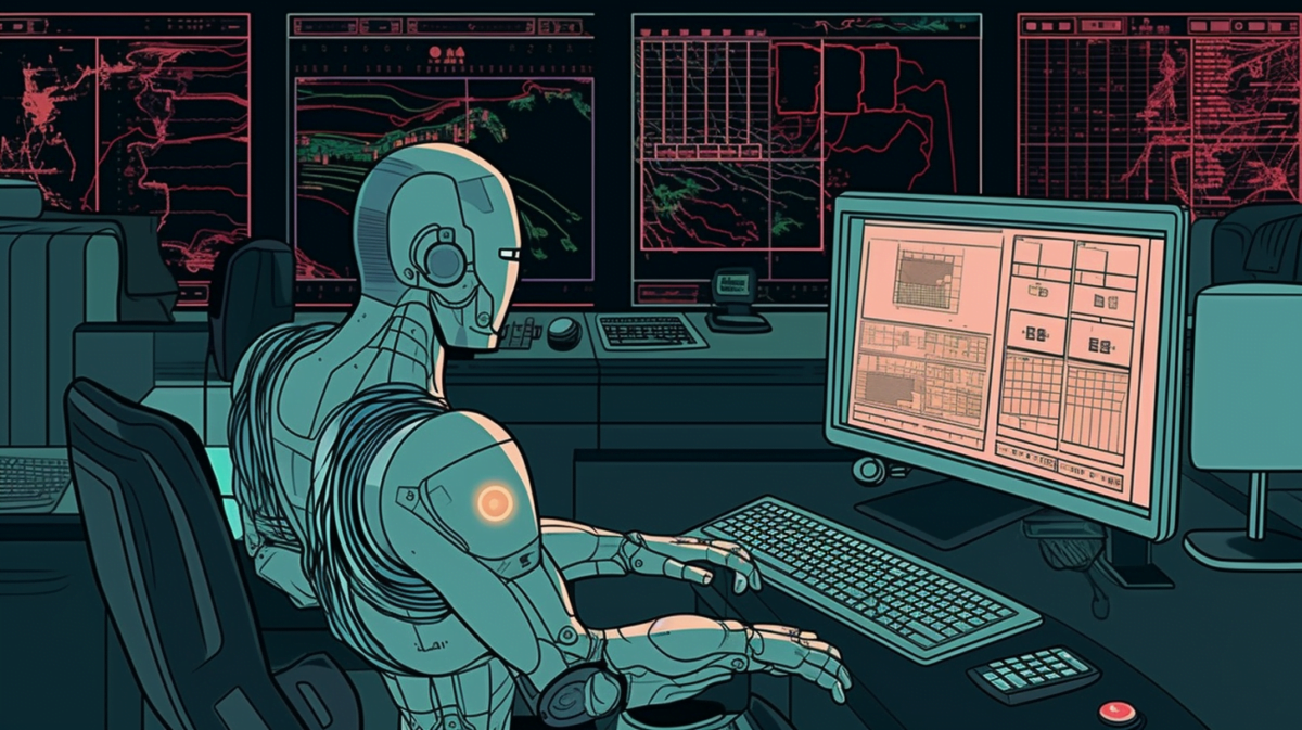 A robot operates a Bloomberg terminal, Midjourney