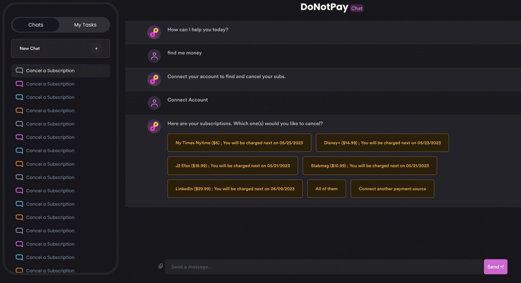 Der DoNotPay-Chat in einer frühen Version. Über das Interface kann man automatisch seine Finanzen managen und GPT-4 etwa unnötige Abos kündigen lassen.