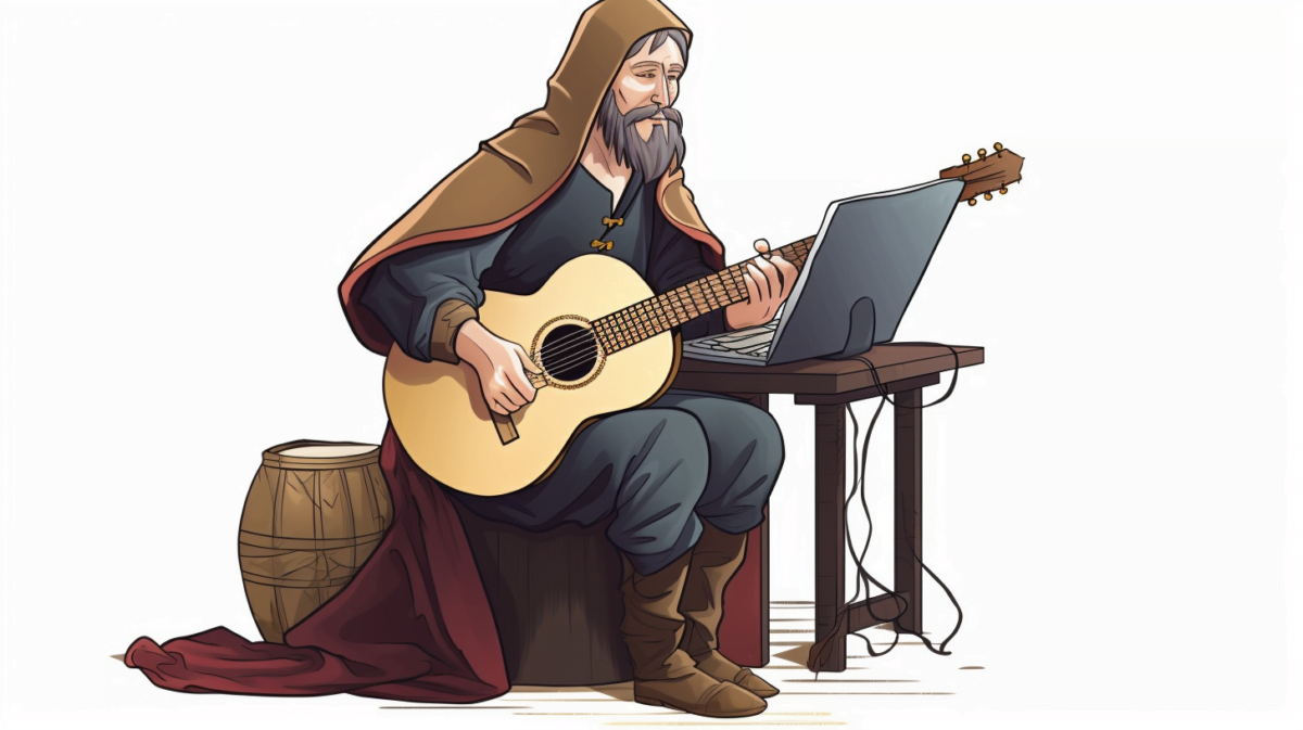 Illustration of a bard with guitar, sitting at a table with a laptop on it.