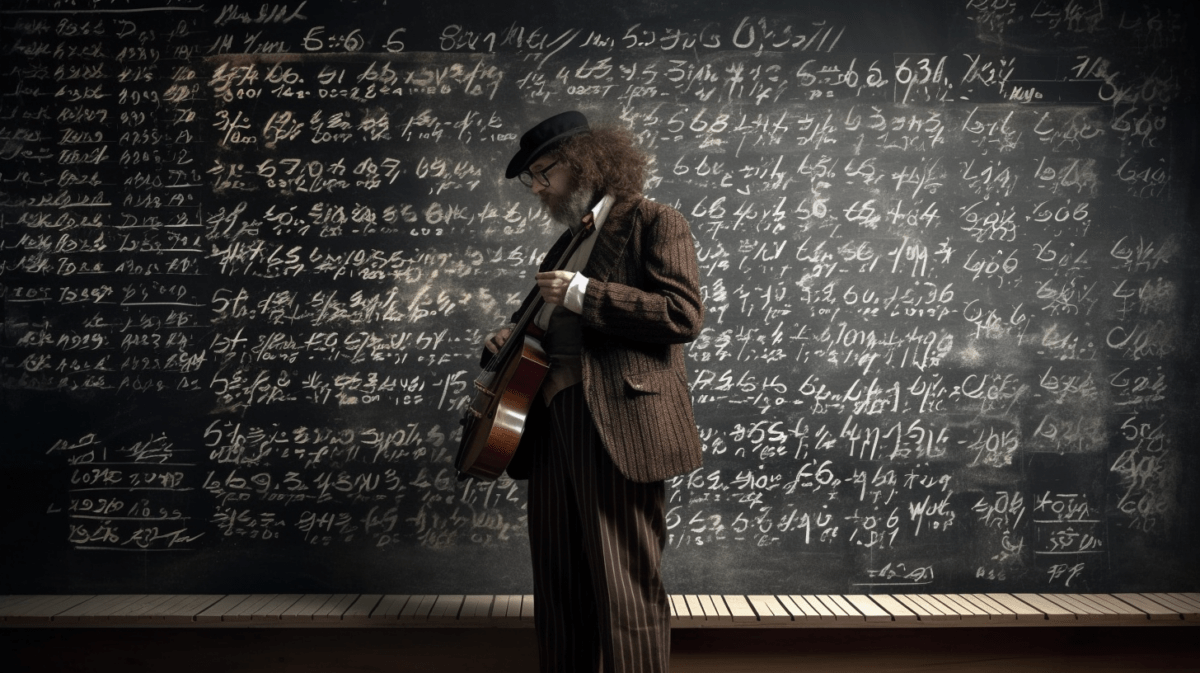 A bard stands in front of a blackboard full of mathematical equations and numbers and plucks his lute, photorealistic, AI image generated with midjourney...