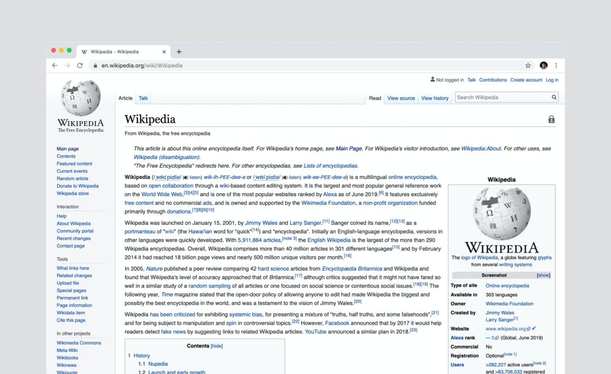 Screenshot of Wikipedia, entry Wikipedia