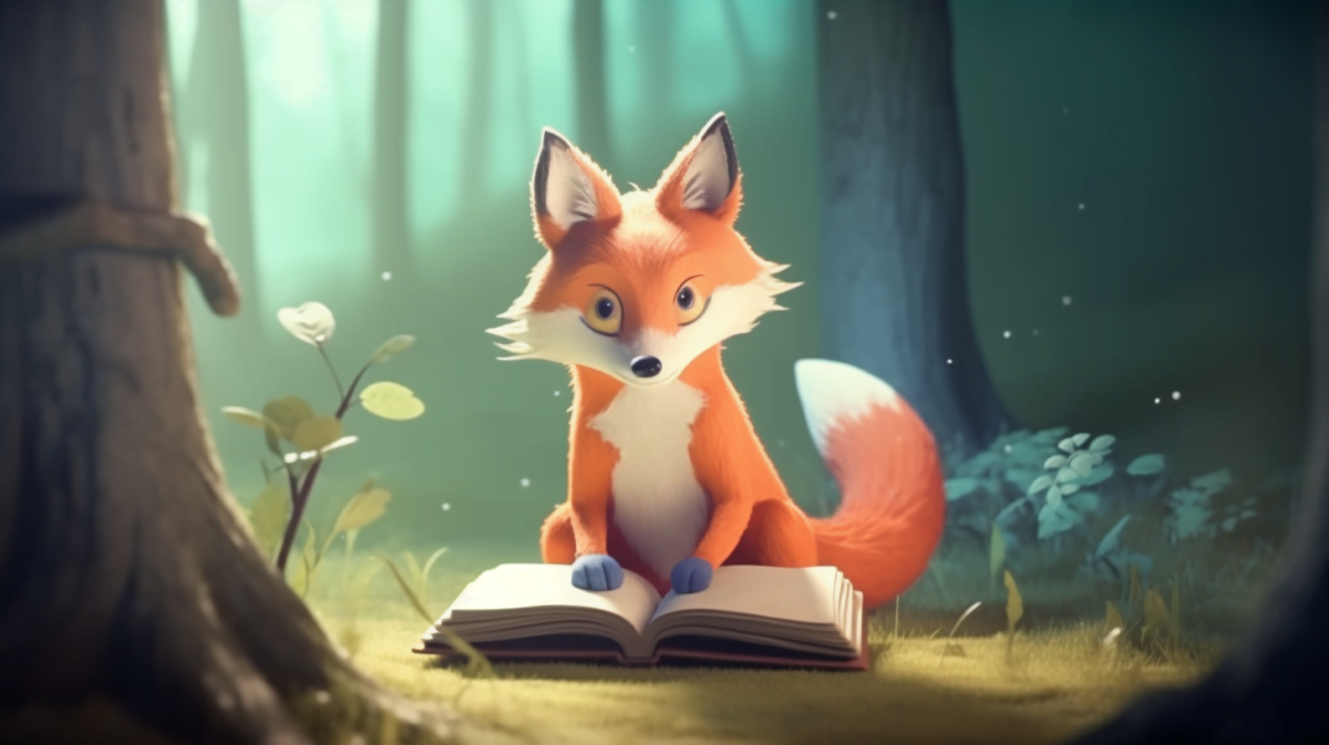 a cartoon fox holding a book in front of a forest, in the style of exquisite realism, subtle gradients, algeapunk, free brushwork, realistic lighting, cute and colorful, sonian