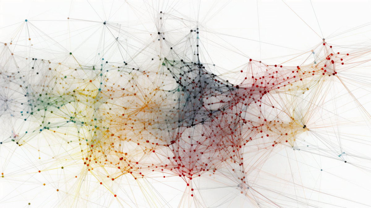 A visually arresting image for a magazine article that depicts the enormous number of parameters of a large language model as an intricate, interconnected network. Design a complex network of nodes and connections in the center of the image on a white or light background. Each node represents a parameter, and the links represent the relationships between the parameters. Use different colors for the nodes and a single, subtle color for the links (for example, gray or light blue). Arrange the nodes so that they form an interesting, organic shape, such as a brain or an abstract cloud. The overall theme should evoke a sense of complexity and interconnectedness, reflecting the immense size and structure of the parameters of the large language model.