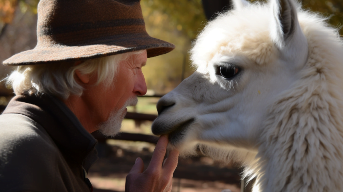 Old guy whispering to an Llama, photorealistic, AI art