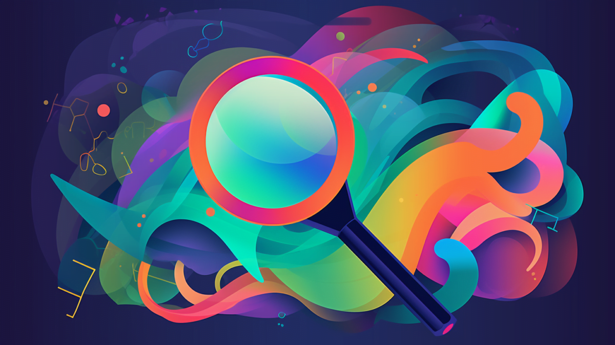 Abstract illustration of a magnifying glass, colorful wavy background.