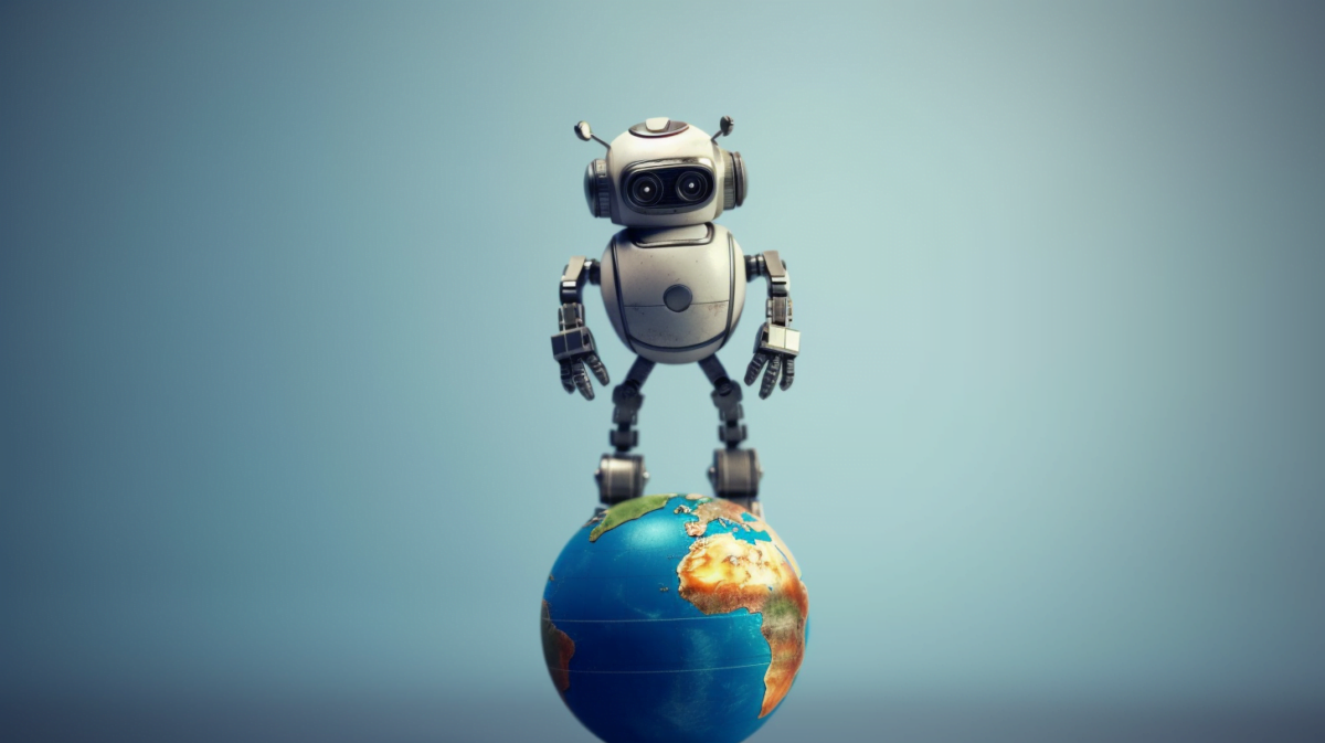 Cute illustration of a robot standing on a tiny world.