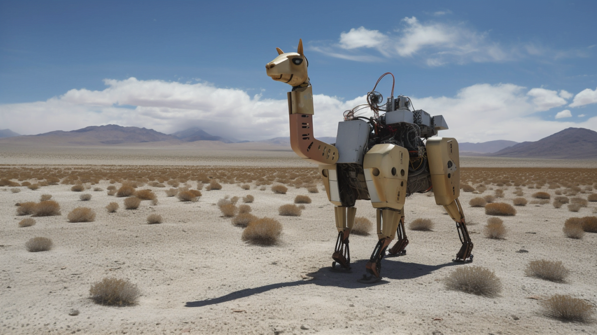 A robot Llama in the dessert, created with Midjourney