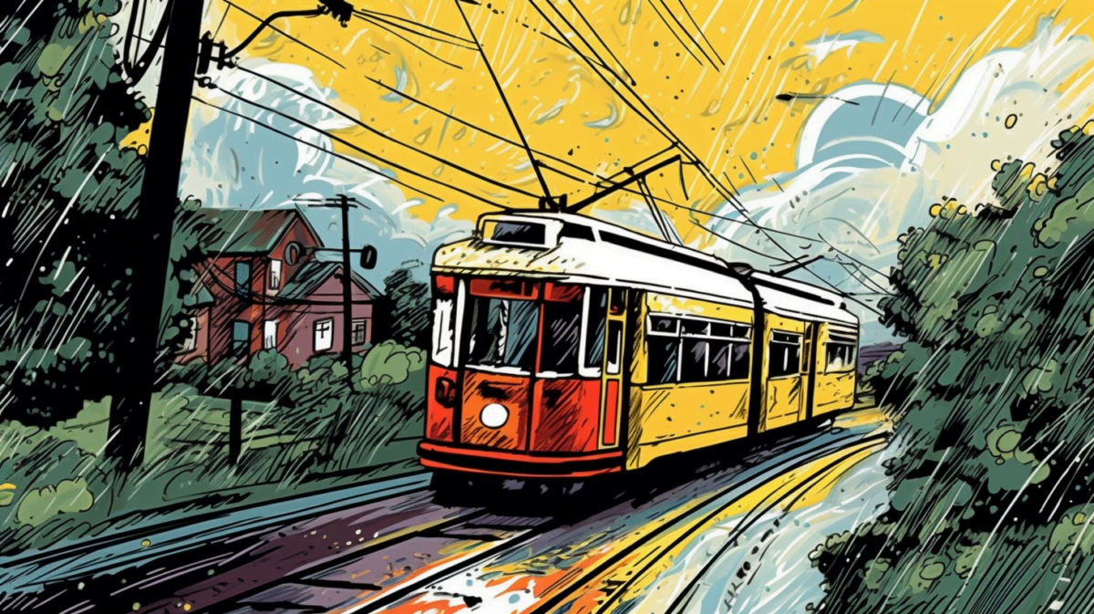 A streetcar in the rain, comic style, AI art generated with Midjourney