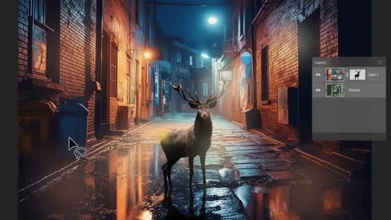 Geceleri ıslak bir sokakta büyük bir şehirde duran bir geyik, photoshop arayüzü.