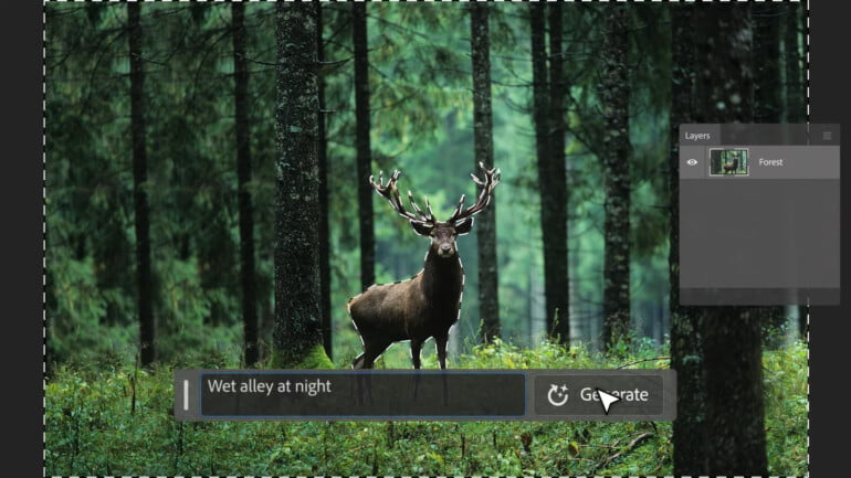 A deer standing in the woods, photoshop interface.