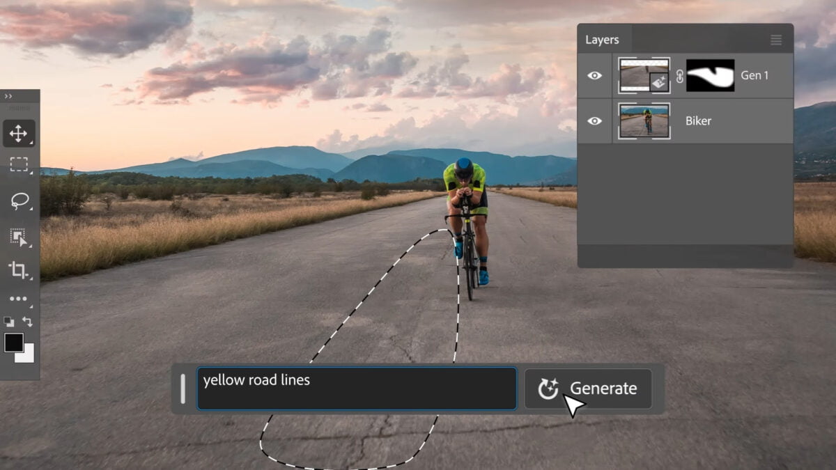 Photoshop's interface, a cyclist on a road, below a text box that says to paint yellow line on the asphalt.