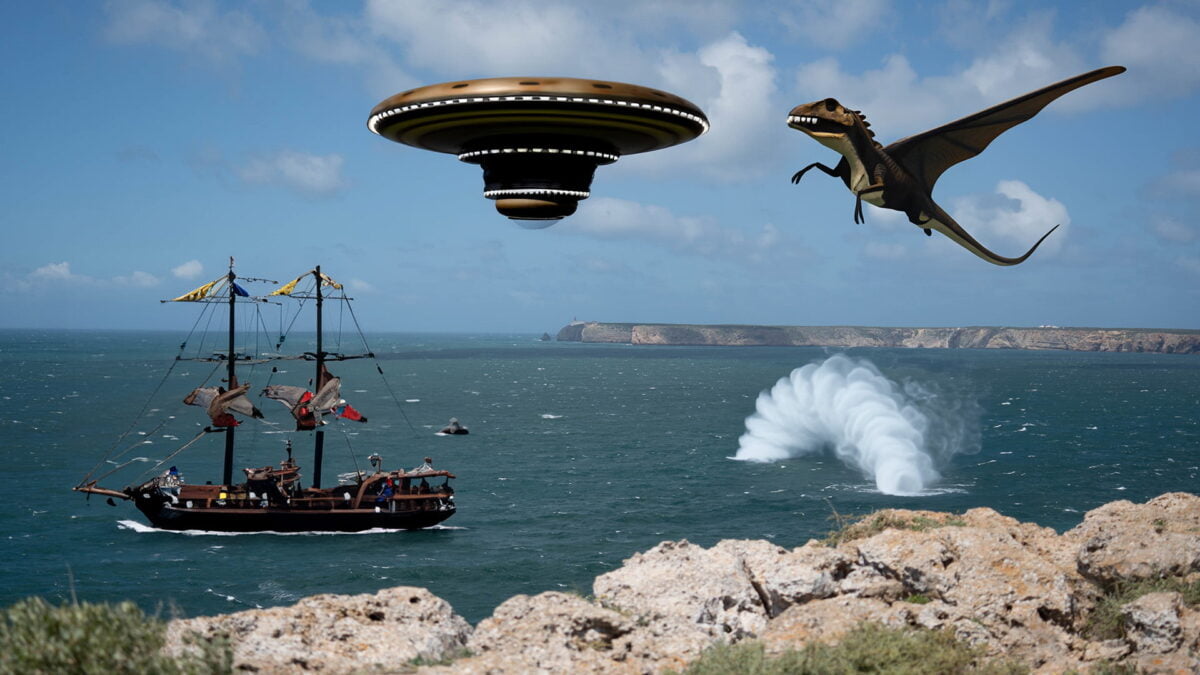 Photo of sea with unnatural things like pirate ship, dinosaur and UFO.
