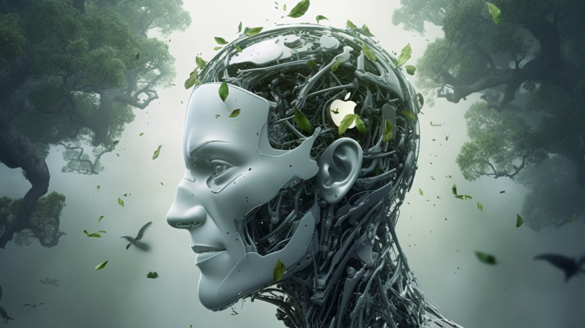 Illustration of the head of a human robot, Apple logo visible inside.