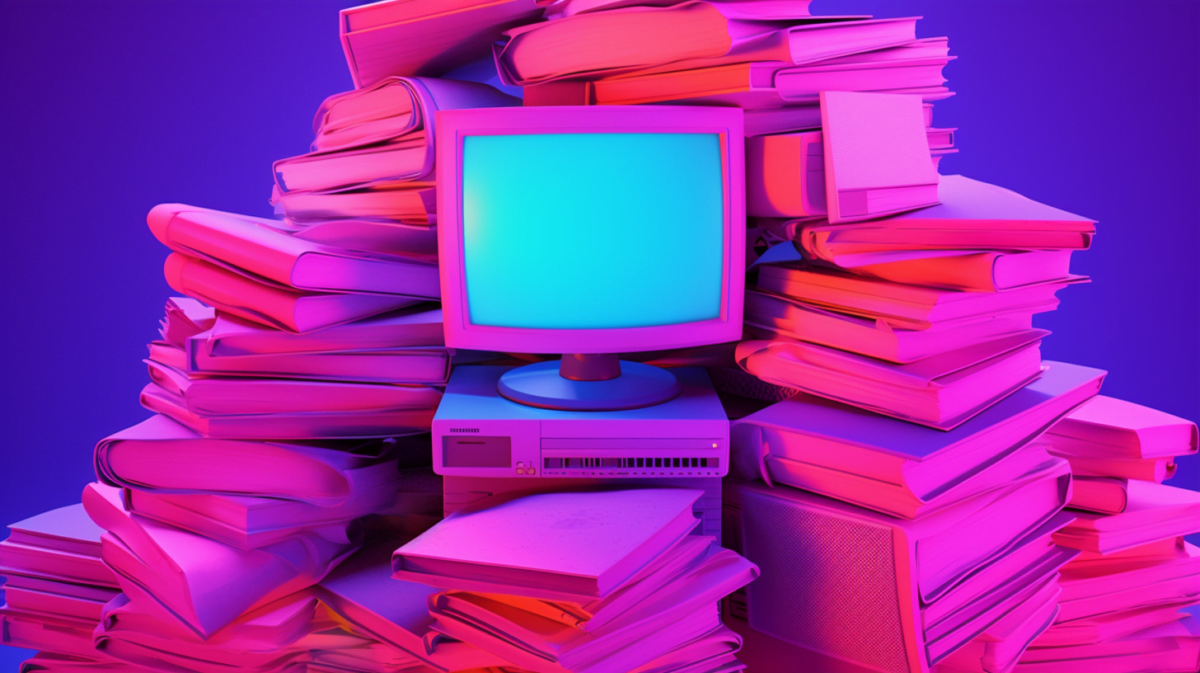 A computer monitor on a large stack of law books, artistic piece, AI Art