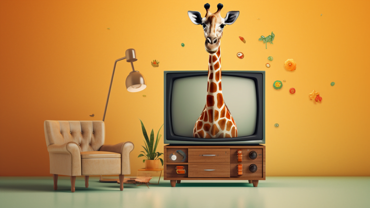 AI-generated illustration of a living room with armchair and lamp and a tube TV with the neck of an oversized giraffe sticking out of it.