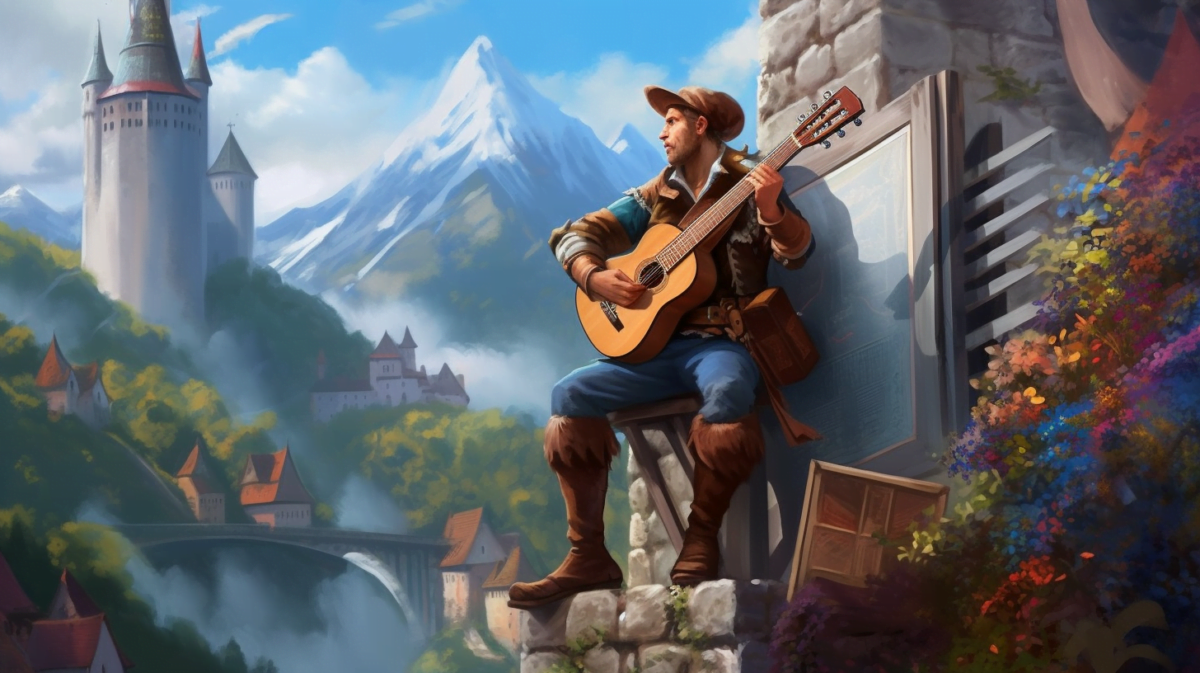A Bard looking at beautiful European castles, which he cannot reach.