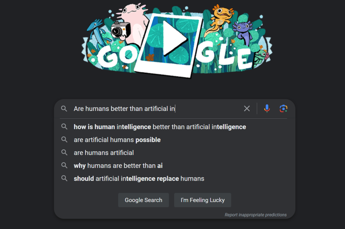 A screenshot of Google search with autocomplete on the question of whether humans are better than artificial intelligence.