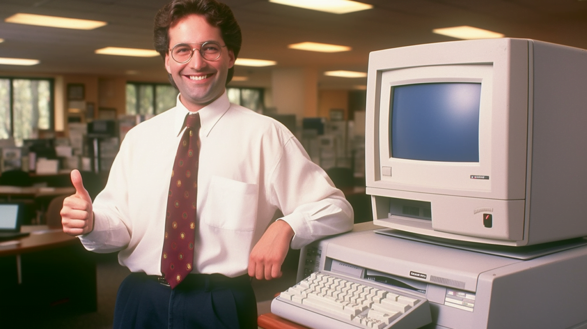 A man stands in front of an old computer and gives a thumbs up, AI photo generated with midjourney