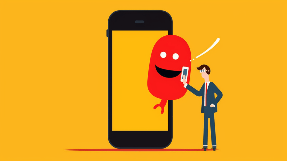 Illustration of an oversized smartphone with a speech bubble coming out of it, a person in front of it.