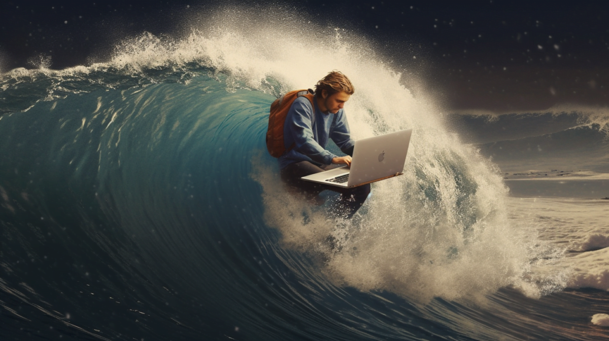 Illustration of a man sitting in a wave with laptop on his lap.