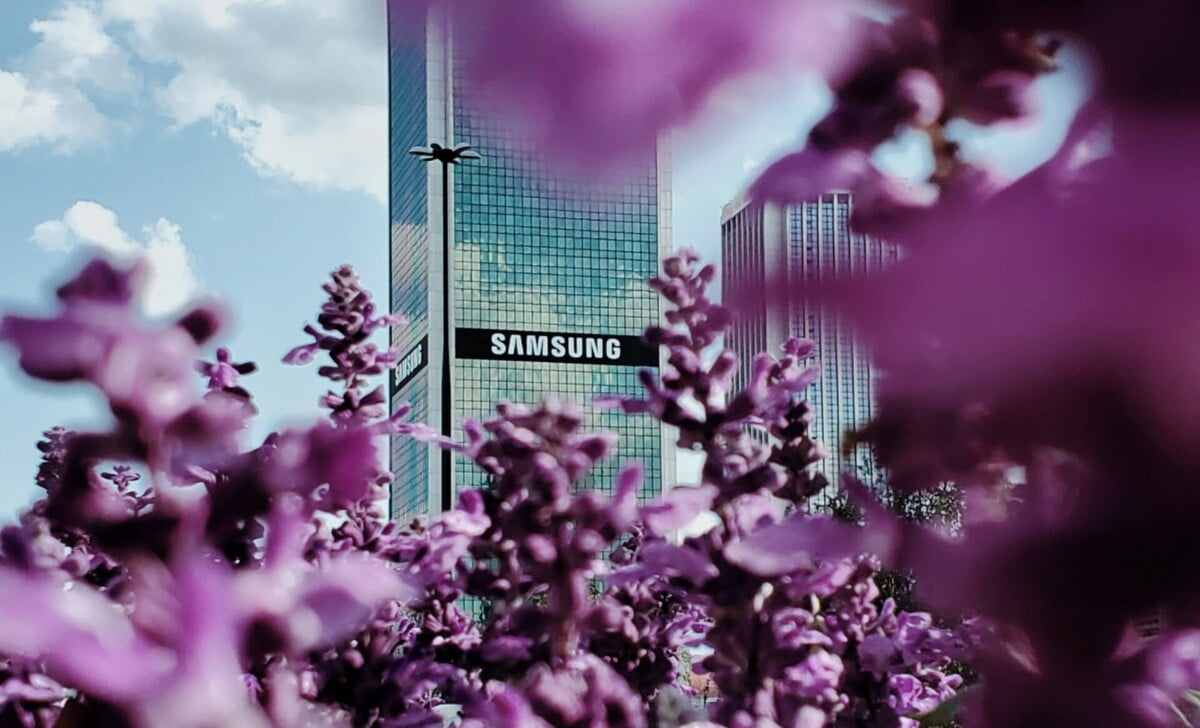 Samsung logo on a company building photographed through a cherry blossom tree.