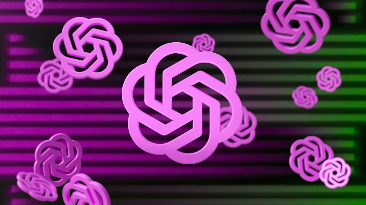 A 3D render of OpenAI's logo large and pink in the center, several smaller variants in the background.