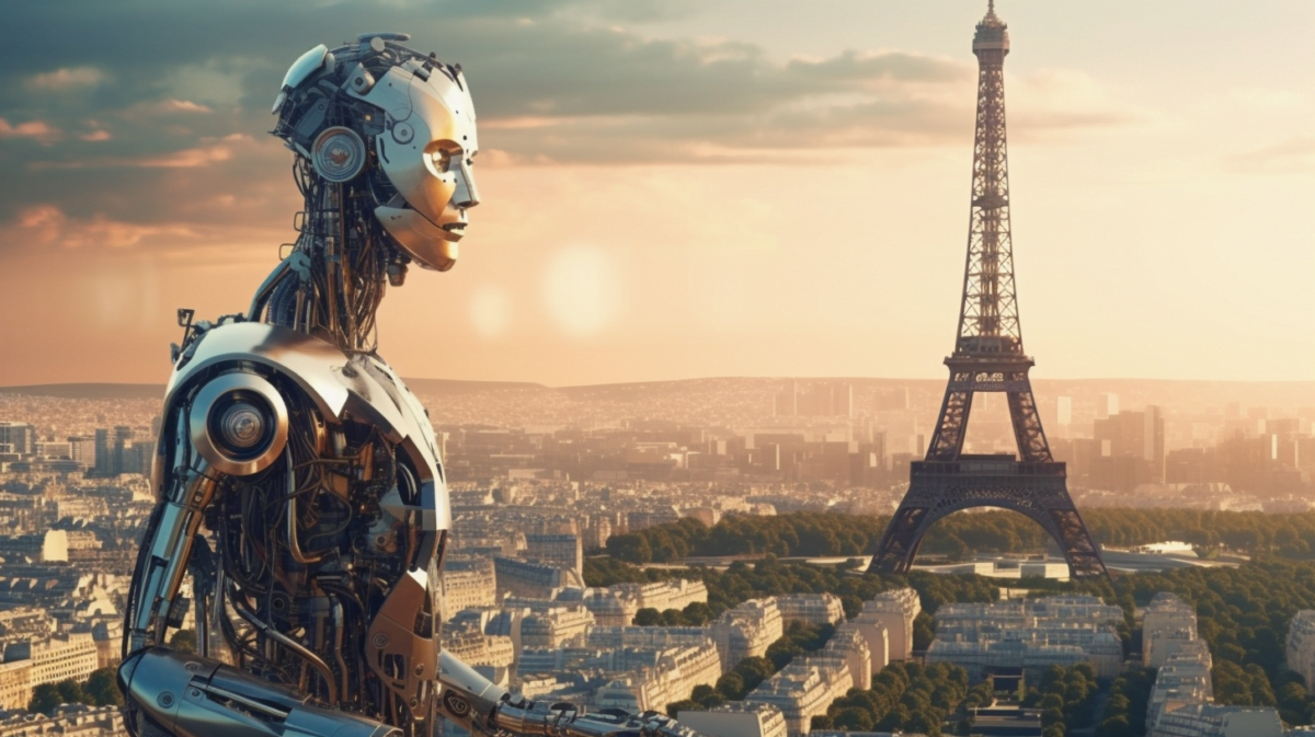Robot in profile against background with view over Paris with Eiffel Tower.