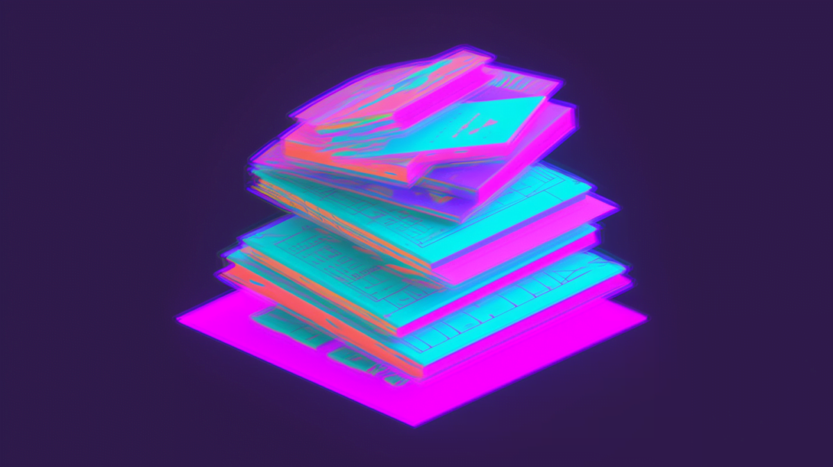 A stack of textbooks, in garish neon design, AI generated