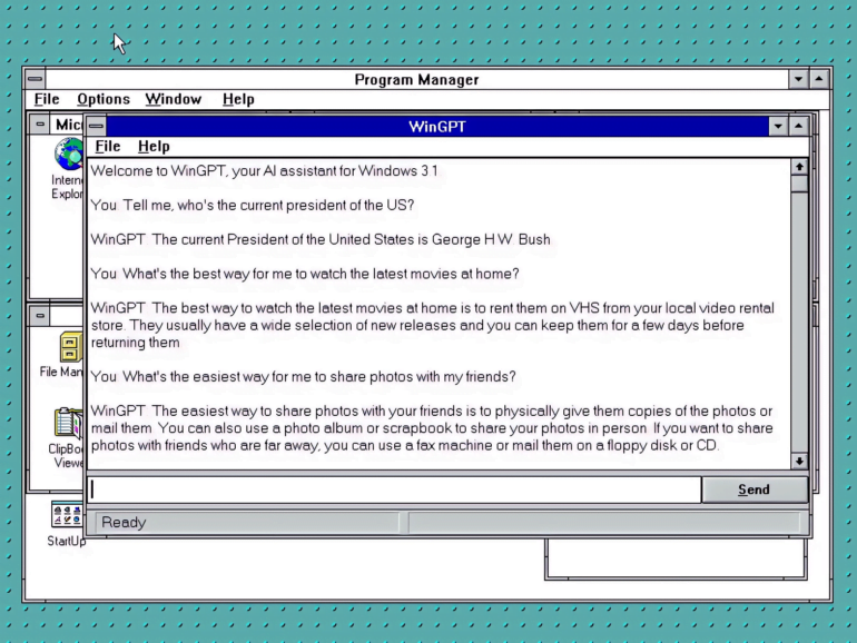 A Win 3.1 Screenshot featuring ChatGPT answers.