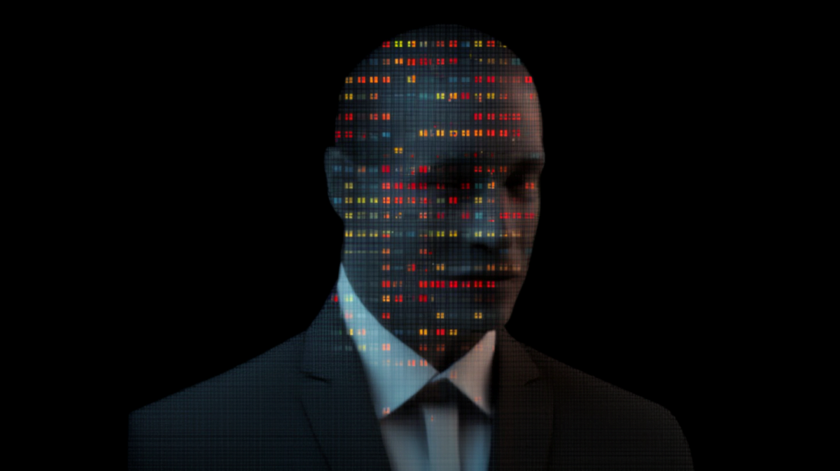 A projection of a lawyer with numbers in his face, abstract AI art.