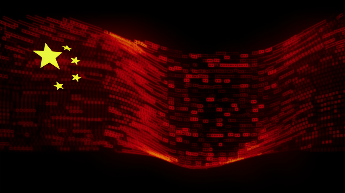 The Chinese flag in a data stream, generative AI art, Midjourney.