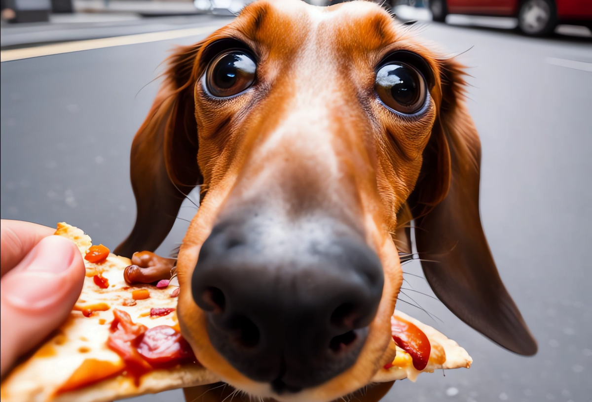 A dog eating a pizza, AI generated image with SD XL