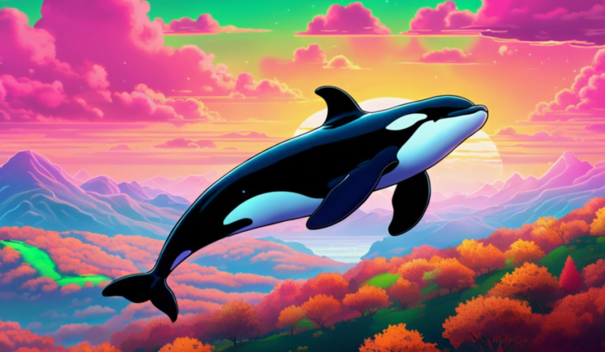 A flying whale in a colorful environment.