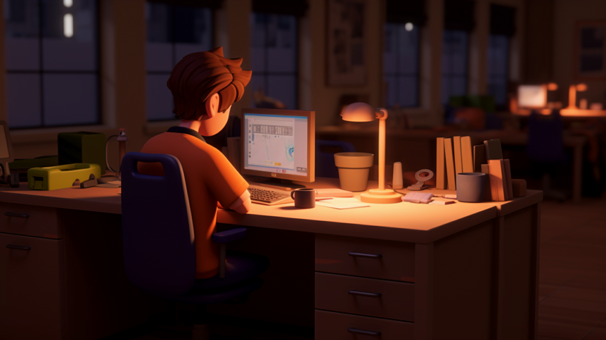 A journalist sitting alone at his desk, at night, comic style look, generated with midjourney