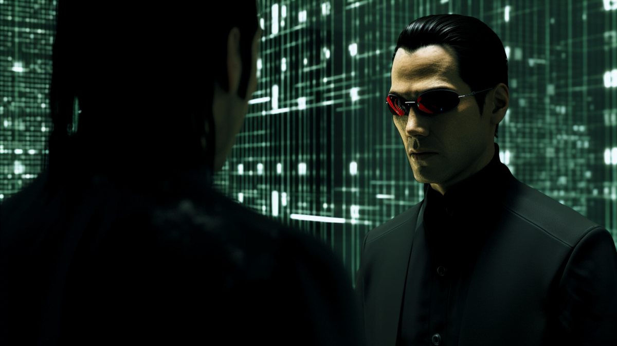 a matrix character talking to a NPC in the style of a screenshot of matrix awakens