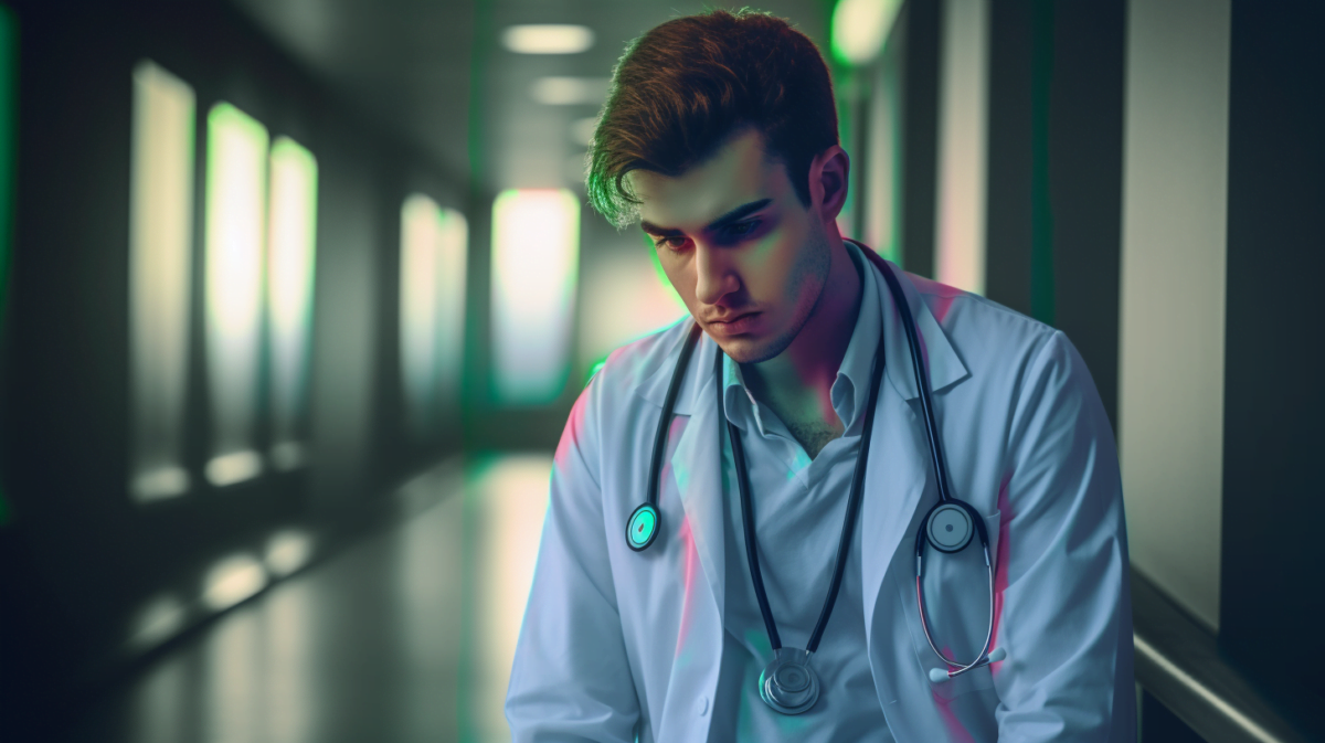 A sad looking medical student, stylish photography